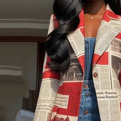Yeezzi Women's Notched Collar Blazer 2025 New Spring Long Sleeves Fashion Newspaper Printed Urban Casual Streetwear Outerwears