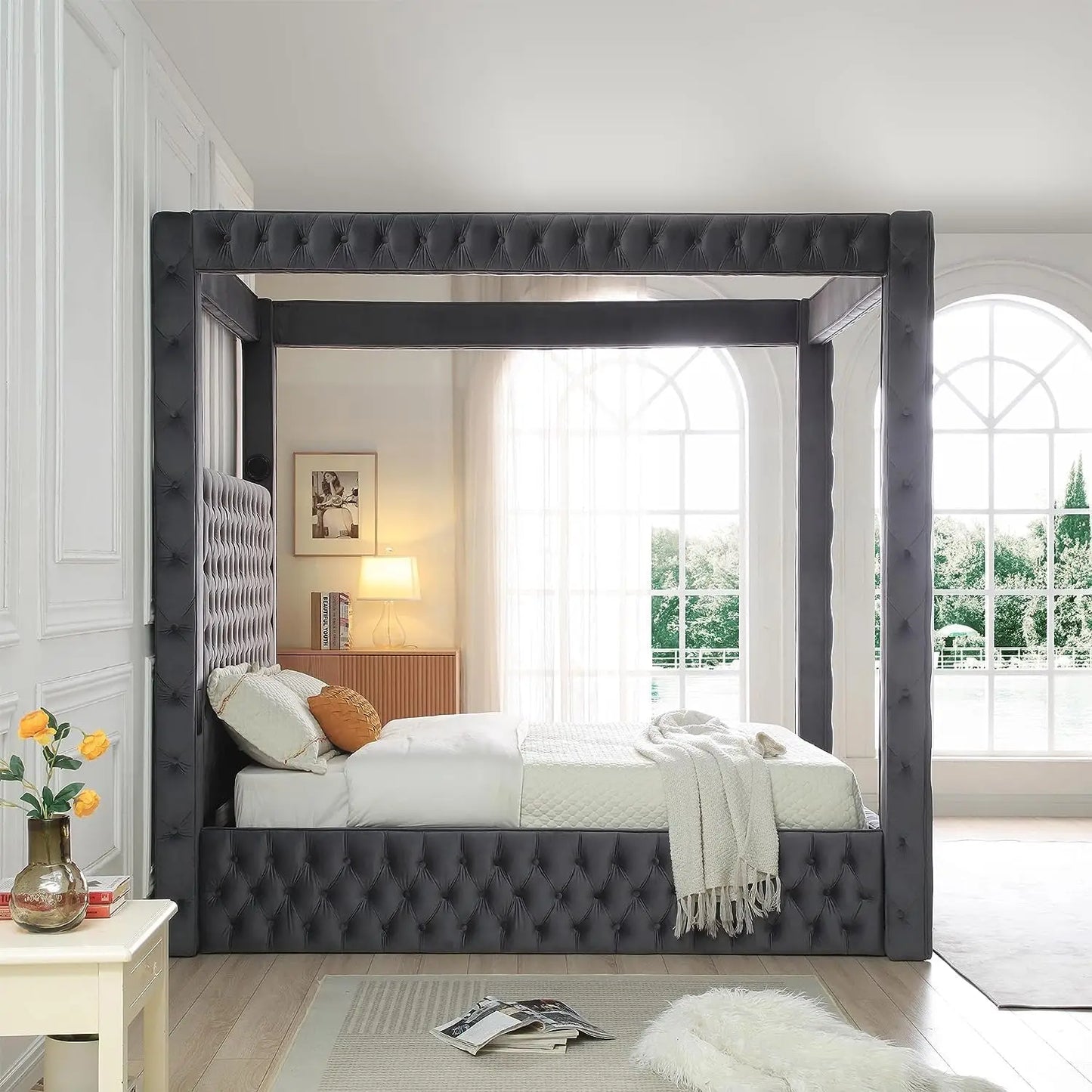 Luxurious Velvet Canopy Queen Bed With Speaker And Usb Connection In Gray