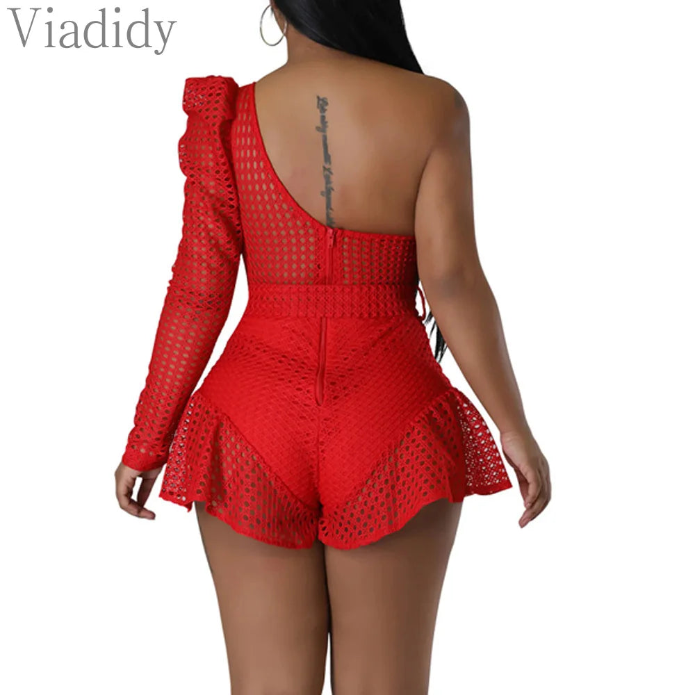 Women Sexy Solid Color One Shoulder Ruffles Decor Skinny Rompers Backless Playsuits with Belt