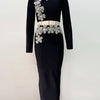 Sexy Long Sleeves Bandage 2-Piece Sets Women Turtleneck Shiny Diamonds Flower Top + Bodycon Mini  Skirts Suits Evening Party Set