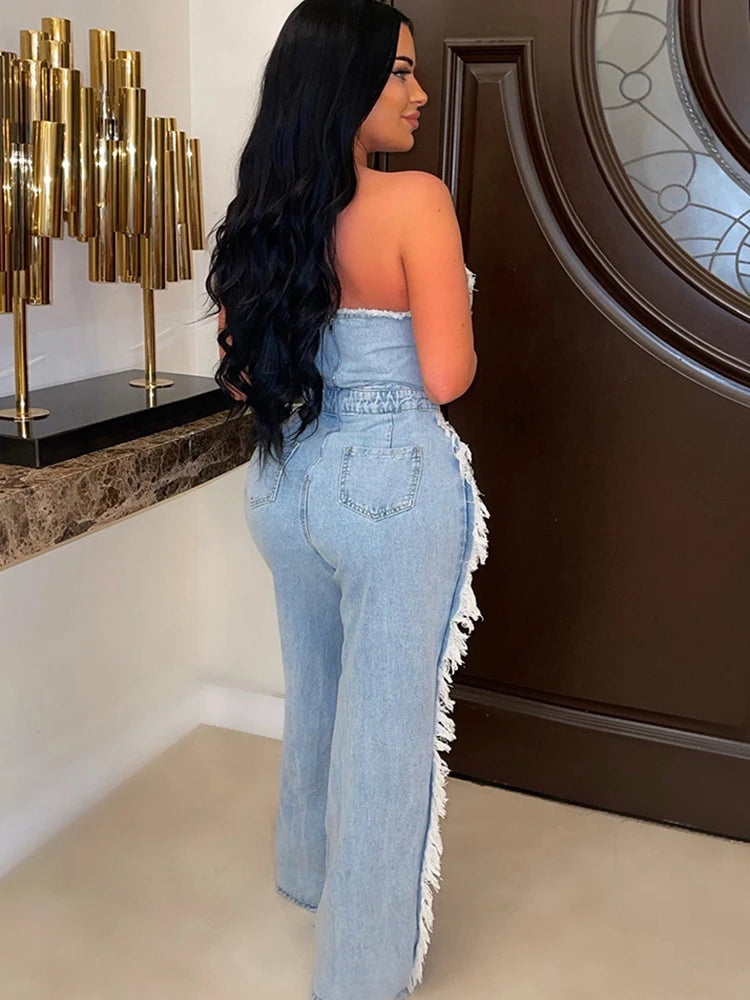 Sibybo Tassel Hollow Out  Overalls For Women Studded Diamond Strapless Backless Jeans Street Fashion Trend Jumpsuite Femme
