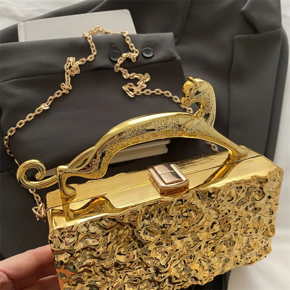 Leopard handle Luxury Gold Silver Party Evening Bag For Women Chain Clutch Handbags And Purses Mini Crossbody Shoulder Phone Bag