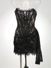 XIAOTANG Elegant Lace Strapless Sexy Mini Dress for Women Fashion Off-shoulder Irregular Ruched Bodycon Night Club Party Dress