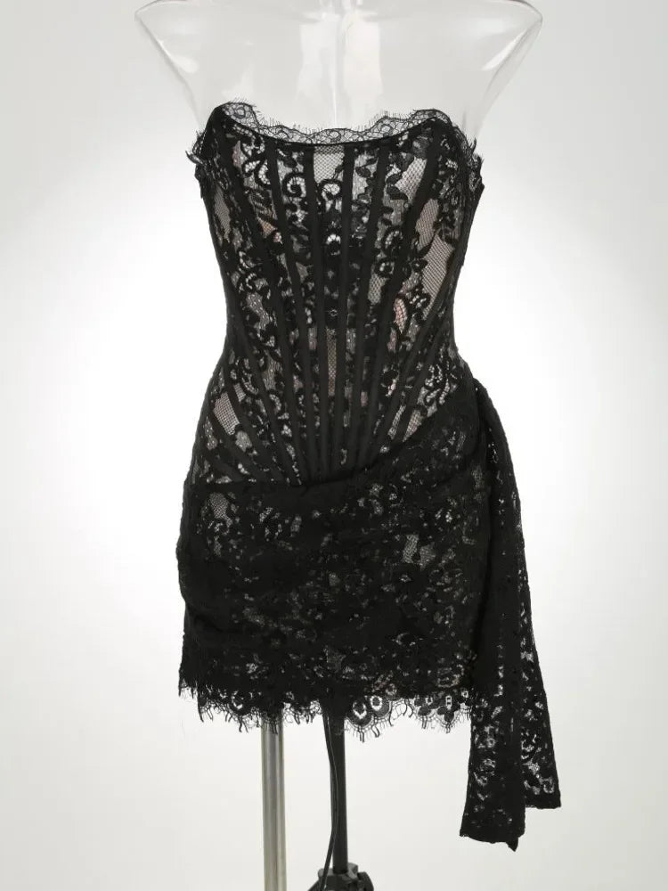 XIAOTANG Elegant Lace Strapless Sexy Mini Dress for Women Fashion Off-shoulder Irregular Ruched Bodycon Night Club Party Dress