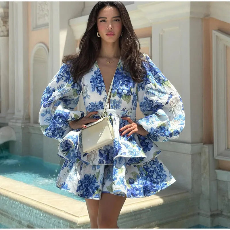 Women Tie-dye 3d Flower Deep V Neck Flare Sleeve Mini Dresses Fashion Slim Printed Multiple Pleat Vestidos New Lady Holiday Wear