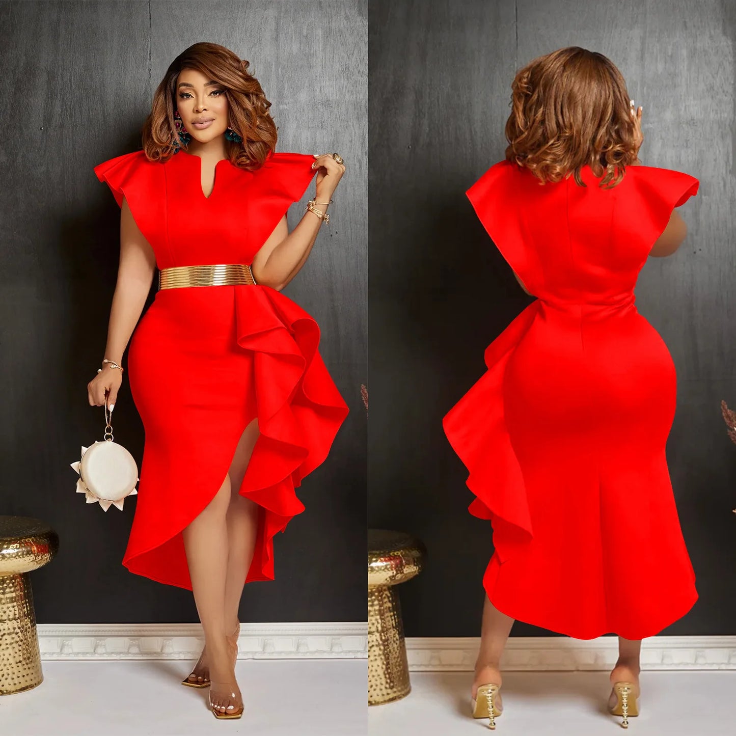 CM.YAYA Women Flare Short Sleeve High Side Split Ruffles Bodycon Midi Dress 2023 Autumn Vestidos Sexy Party Birthday Dresses