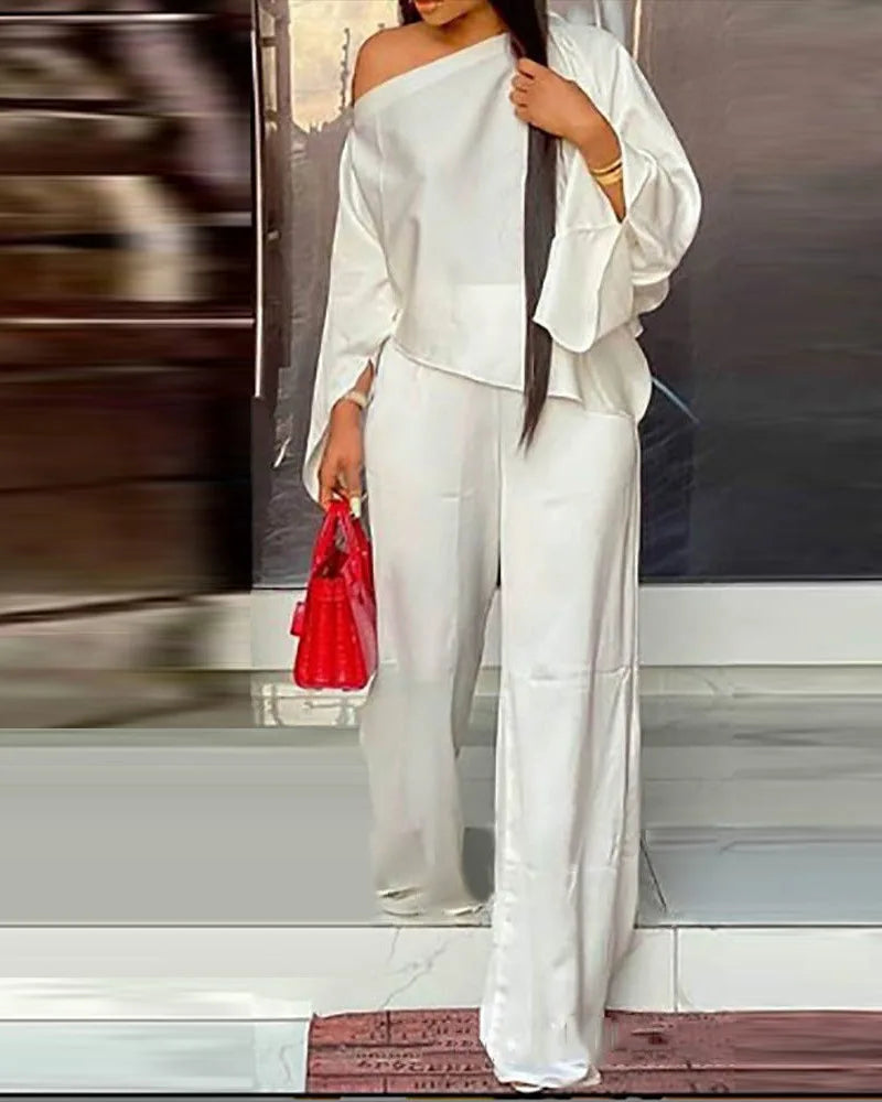 Women's Wide Leg Pants Two Piece Set Fashion Off Shoulder Shirt And Pants Sets Autumn Winter Casual Loose Solid Suit