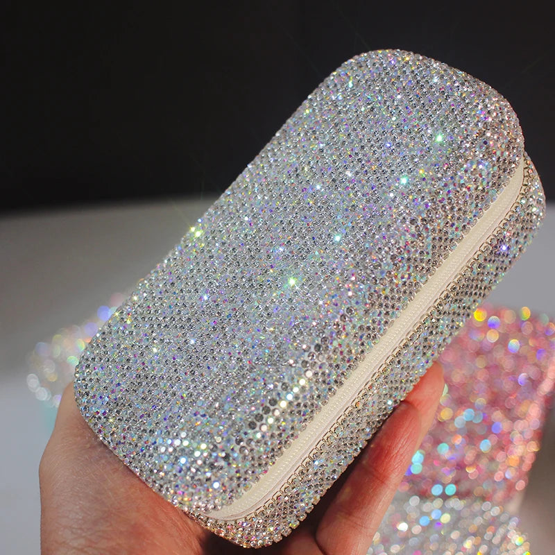 Rhinestones Jewelry Box Small Travel Portable Leather Earrings Ring Necklace Partition Organizer Make Up Finishing Storage Case