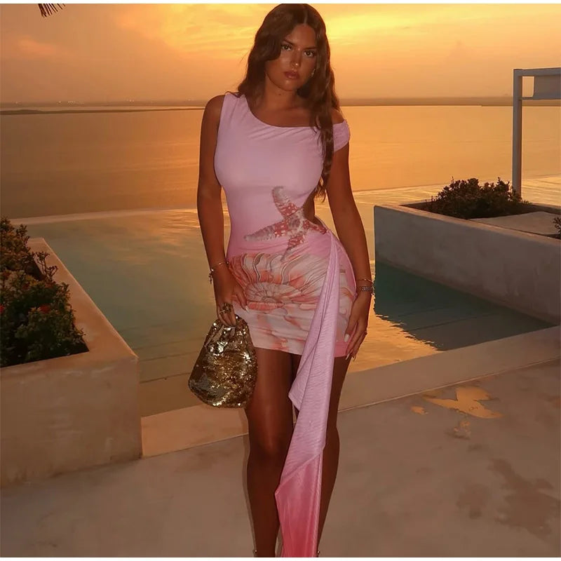 Chic Print Tassel Mini Dress Women Hollow Biased Collar Sheath High Stretch Pleated Beach Dresses 2025 Summer Bodycon Vestidos
