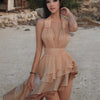 Weird Puss Tierred Tassel Dress Women Backless Sleeveless Halter Gradient Color Lace Pleated Sexy Beach Vacation Party Bodycon