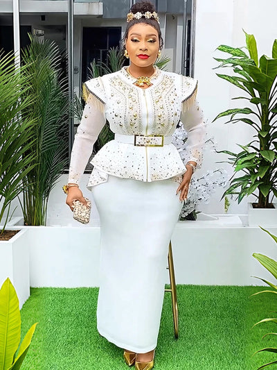 2025 African Clothes For Women Plus Size Two Piece Set Outfits Long Sleeve Tops And Skirt Suit Wedding Party Evening Dress Gowns