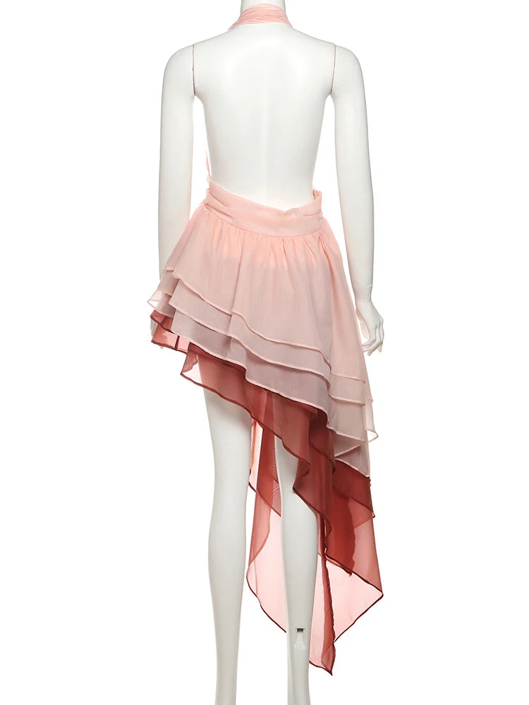 Weird Puss Tierred Tassel Dress Women Backless Sleeveless Halter Gradient Color Lace Pleated Sexy Beach Vacation Party Bodycon