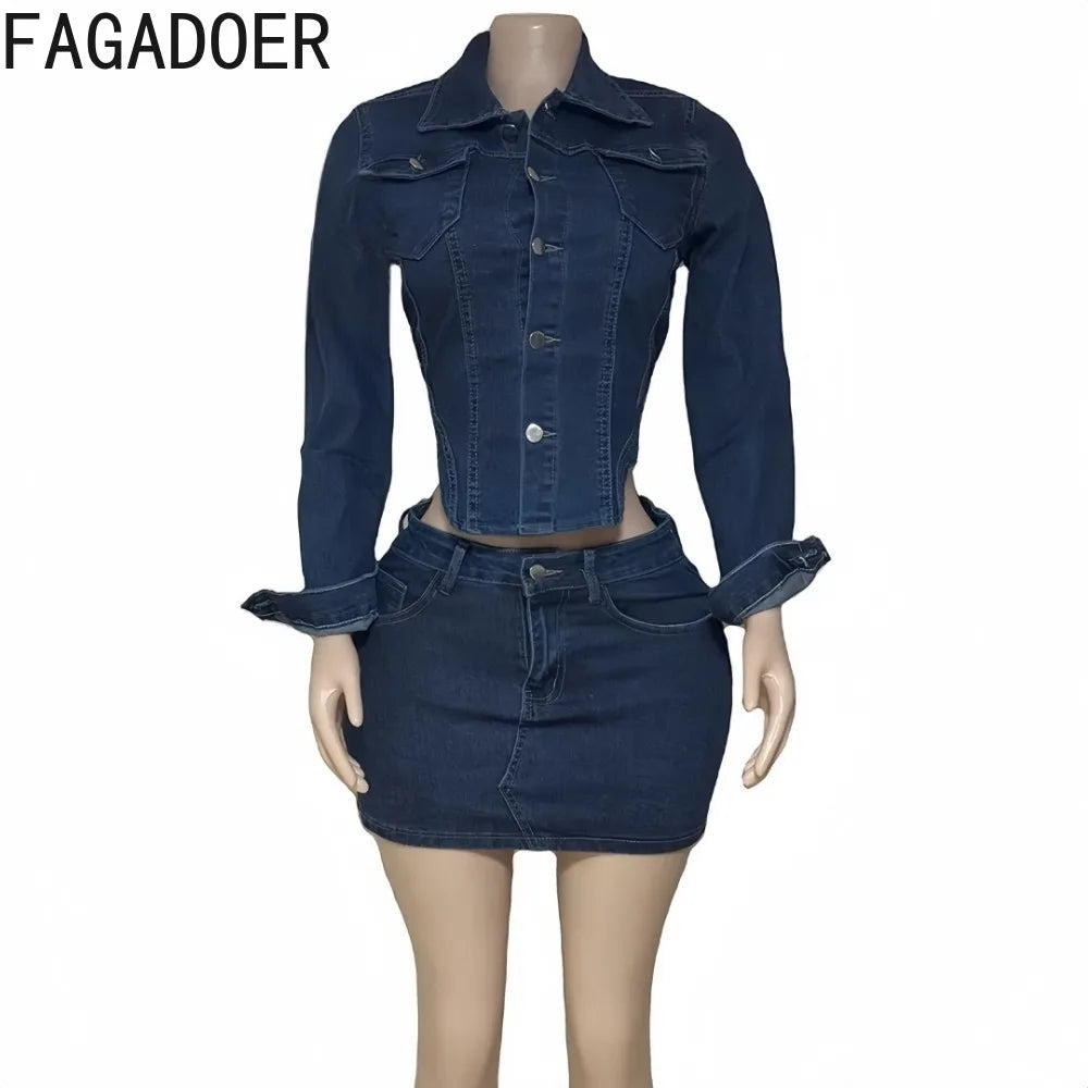 FAGADOER Fashion Denim Two Piece Set For Women Buttons Pocket Irregular Patchwork Crop Jacket + Skirt Female Streetwear Clothing