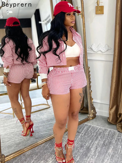 Beyprern Women's Red Striped Blouse Shirt Top And Matching Shorts Set Summer Tracksuits Set 2 Piece Outfits Workout Overalls