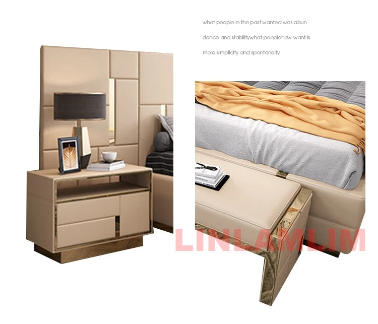 MANBAS Luxury Modern King Size Bed with Soft Upholstered Headboard and Storage Nightstands - Genuine Leather Bedroom Furniture