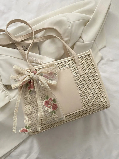 Trendy Lightweight Casual Bow Decor Straw Bag Hollow Out Knitted Flower Tote Bag Large Capacity Shoulder Bag For Teen Girl Women