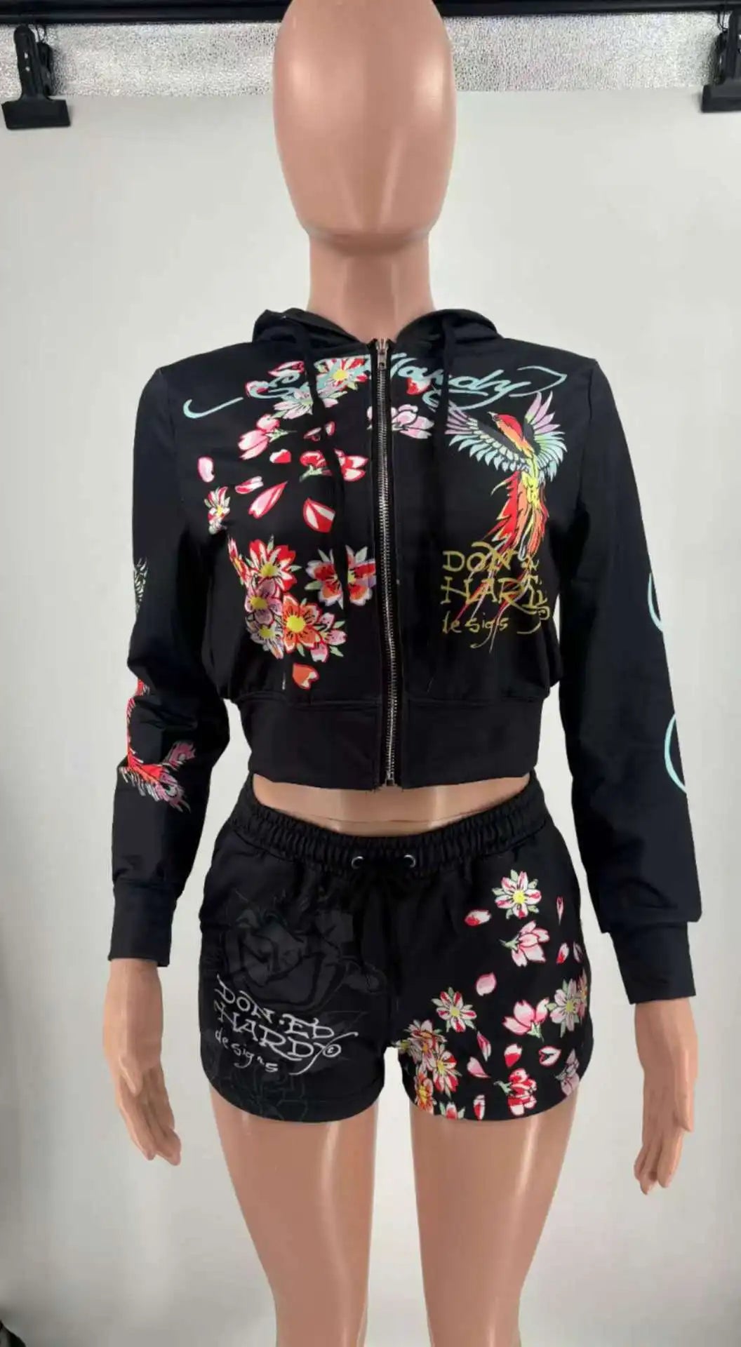 Sifreyr Street Printed Fashionable Casual Versatile Shorts Set Hooided Long Sleeved Zipper Cardigan Jacket High Waist Suit