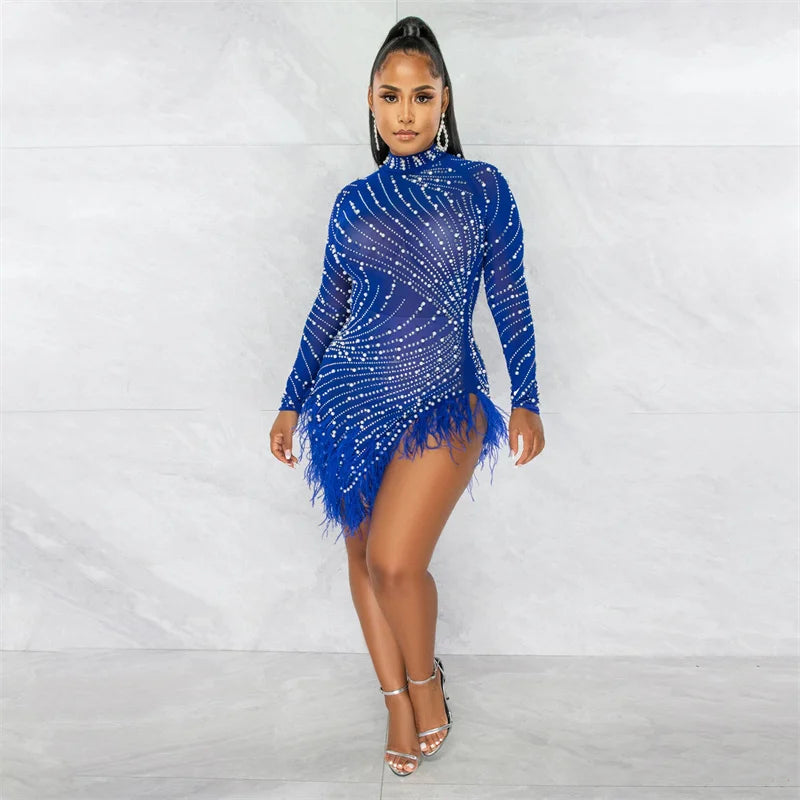 Sexy Pearls Rhinestone Party Dresses Women Elegance Nightclub Feather Birthday Dress Long Sleeve Mesh Sheer Bodycon Mini Dress
