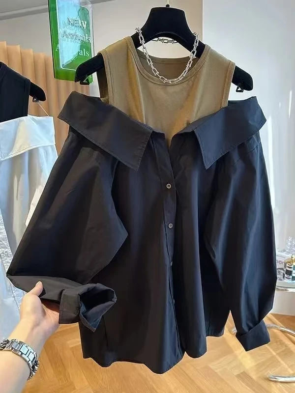 New Off The Shoulder Blouses Women Slim and Loose Tank Top Spliced Long Sleeve Shirts Autumn Round Neck Fashion Shirts Women Top