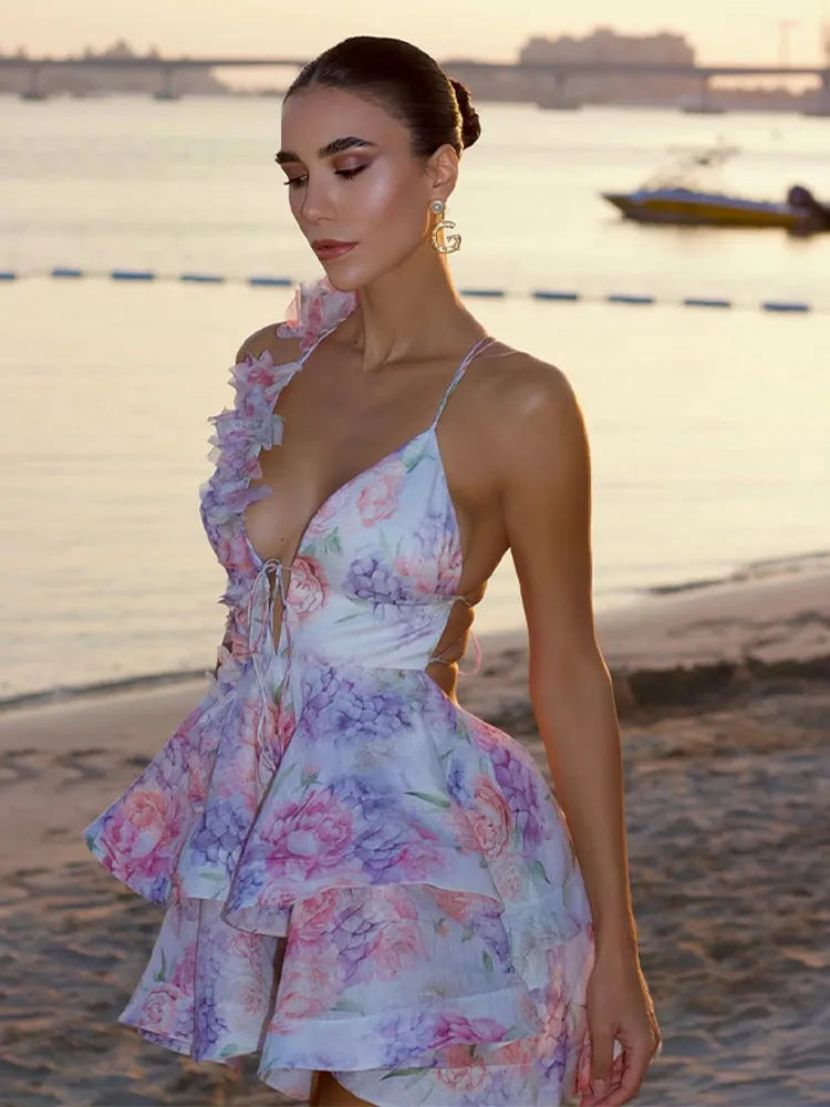 Women Tie-dye 3d Flower Deep V Neck Flare Sleeve Mini Dresses Fashion Slim Printed Multiple Pleat Vestidos New Lady Holiday Wear