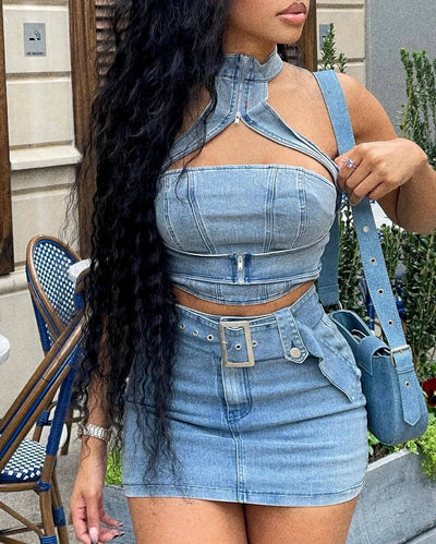 Denim Dress Sets Mini Wrap Buttocks Dress Slim Sheath Solid Two Pieces Sashes Sexy Pullover Tops Washed High Street Spliced
