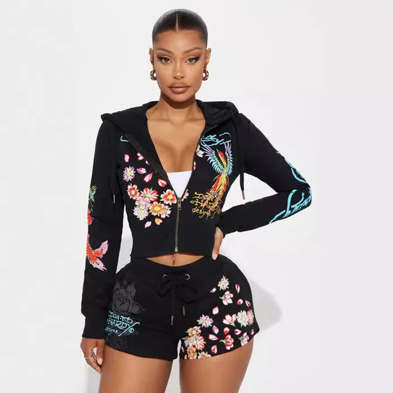 Sifreyr Street Printed Fashionable Casual Versatile Shorts Set Hooided Long Sleeved Zipper Cardigan Jacket High Waist Suit