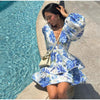 Women Tie-dye 3d Flower Deep V Neck Flare Sleeve Mini Dresses Fashion Slim Printed Multiple Pleat Vestidos New Lady Holiday Wear