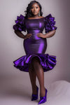 Plus Size Cocktail Party Purple Round Neck Puff Sleeve Half Sleeve Ruffle Glitter Midi Dresses
