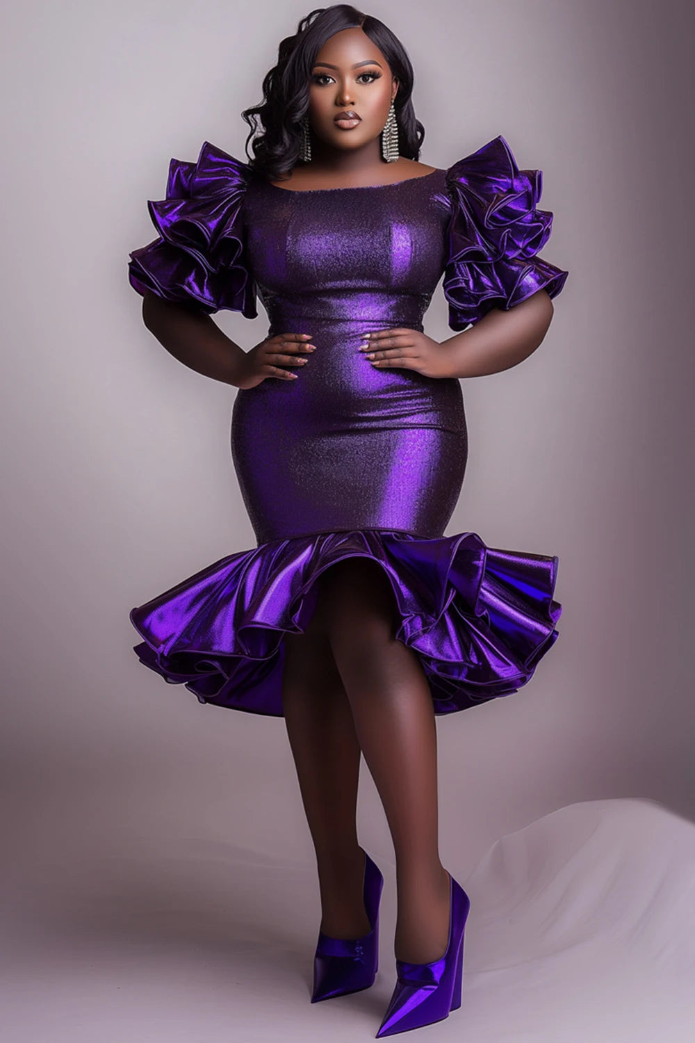 Plus Size Cocktail Party Purple Round Neck Puff Sleeve Half Sleeve Ruffle Glitter Midi Dresses
