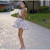 Women Tie-dye 3d Flower Deep V Neck Flare Sleeve Mini Dresses Fashion Slim Printed Multiple Pleat Vestidos New Lady Holiday Wear