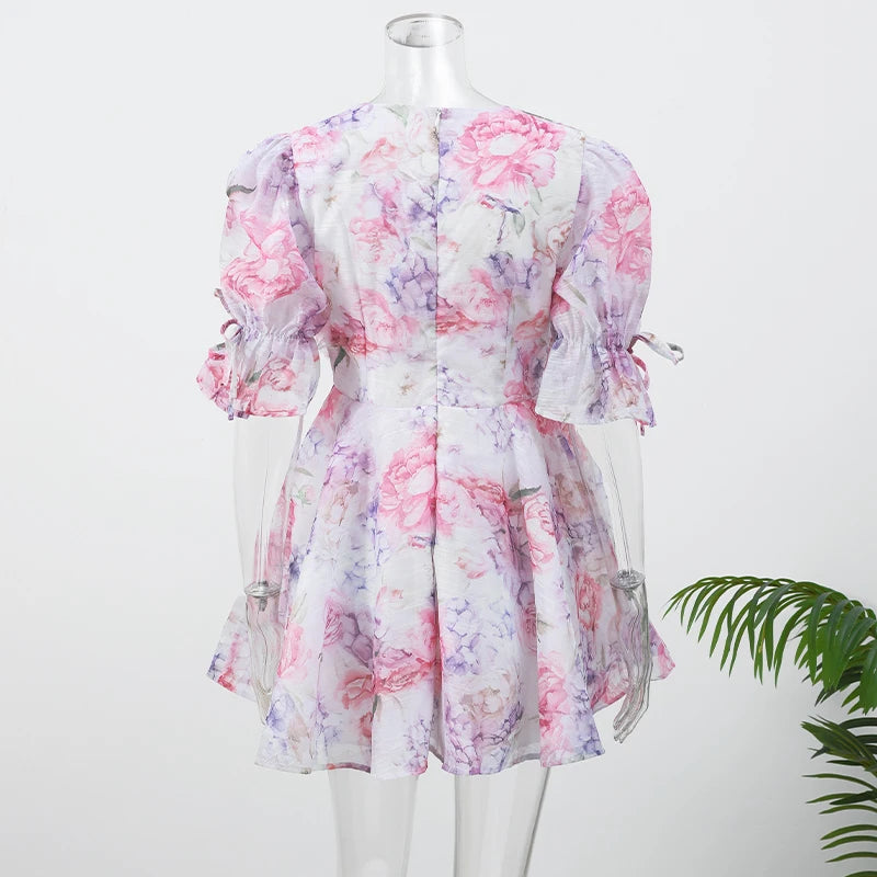 Women Tie-dye 3d Flower Deep V Neck Flare Sleeve Mini Dresses Fashion Slim Printed Multiple Pleat Vestidos New Lady Holiday Wear