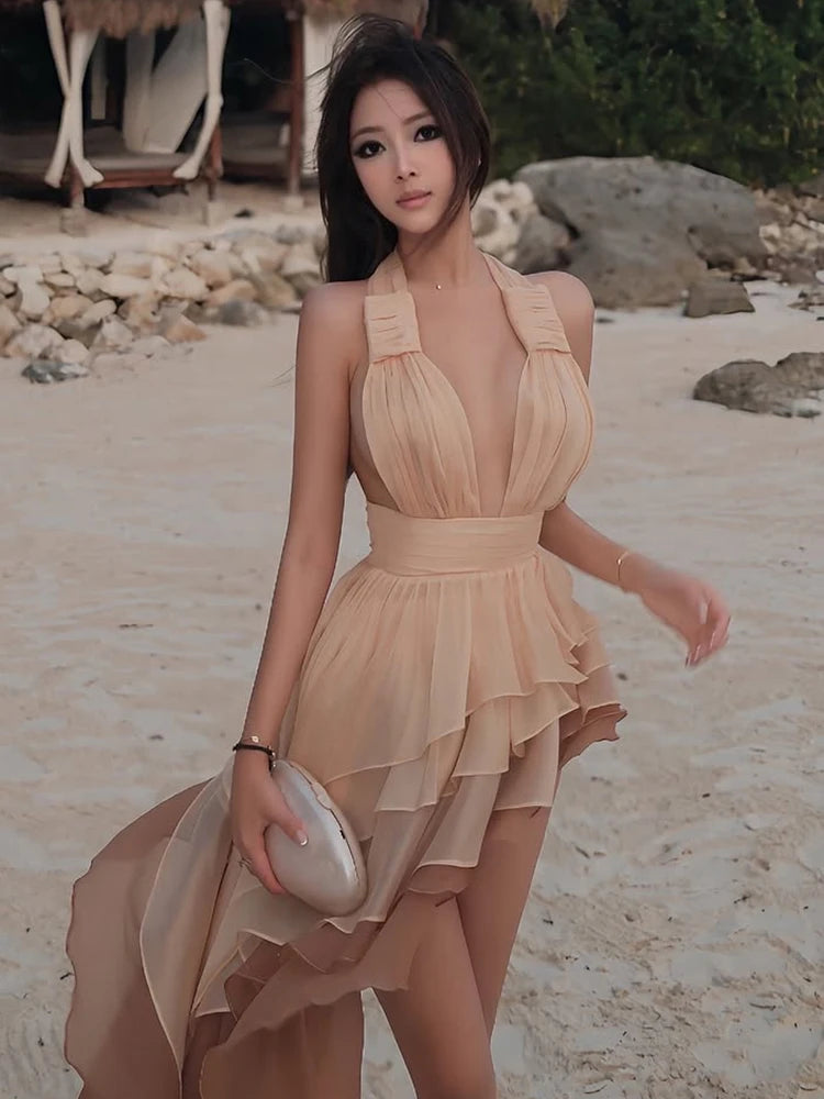 Weird Puss Tierred Tassel Dress Women Backless Sleeveless Halter Gradient Color Lace Pleated Sexy Beach Vacation Party Bodycon