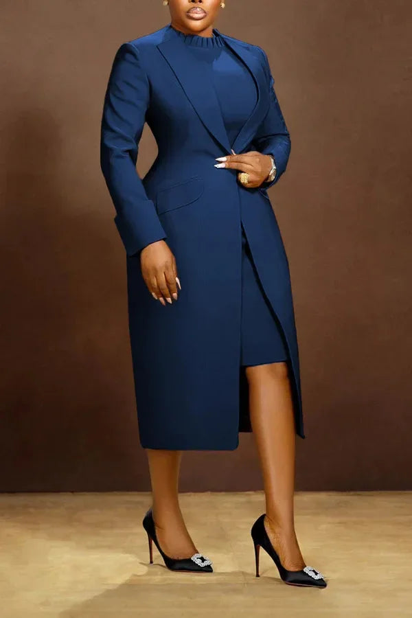 HLJ High Quality Elegant Office Lady Blazer Two Piece Sets Women Lapel Long Sleeve Coat And Slim Dress Outfit Female Clothing