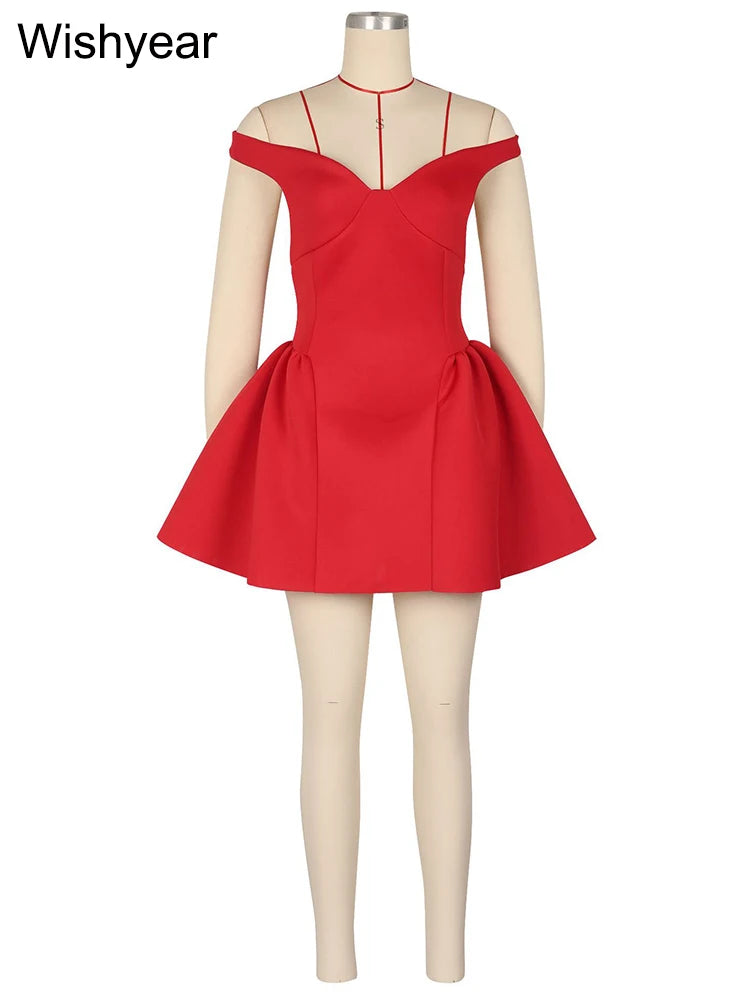 Fashion Halter A-line Deep V Off Shoulder Backless Birthday Women Red Mini Dress Sleeveless Ruched Princess Party Bodycon Robe