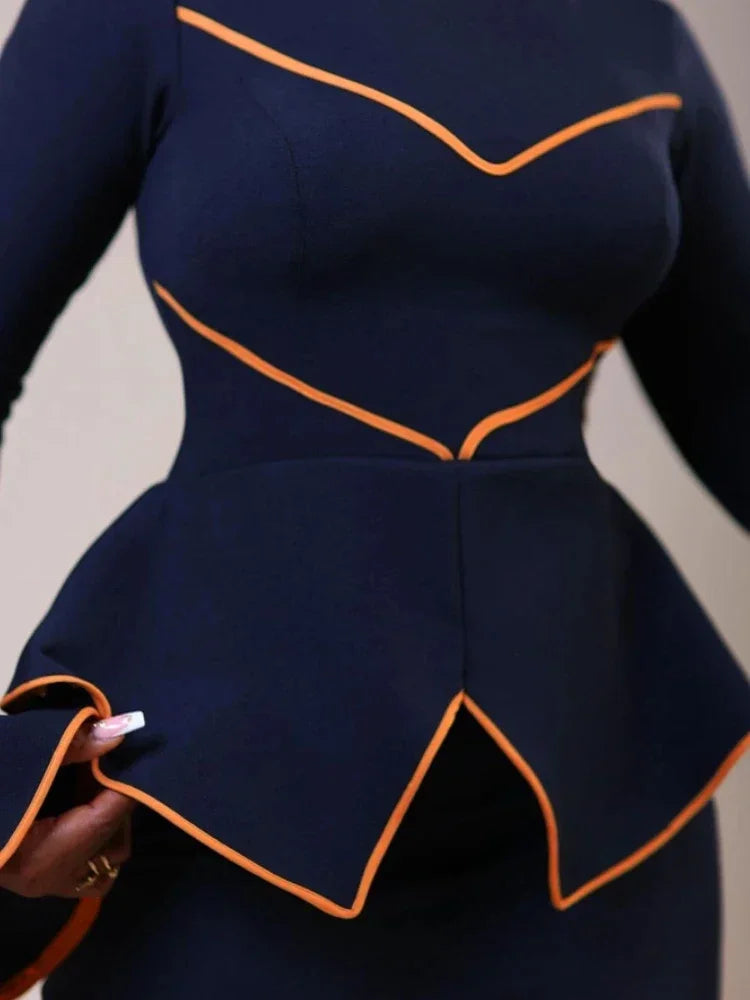 Elegant Women's Office Dress Round Neck Ruffle Edge Long Sleeved Dresses Formal Business Color Blocked Line Workwear New Style