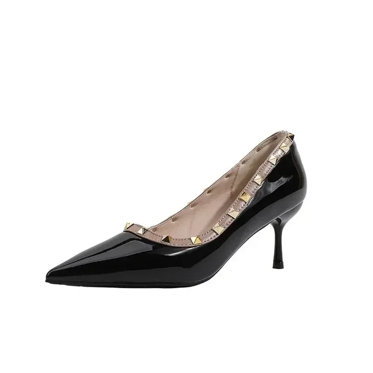 Sexy Pointed Toe Women's Soft Leather Pumps Autumn New Thin High Heels 2024 Latest Rivet Design Ladies Dress Shoes Big Size 42