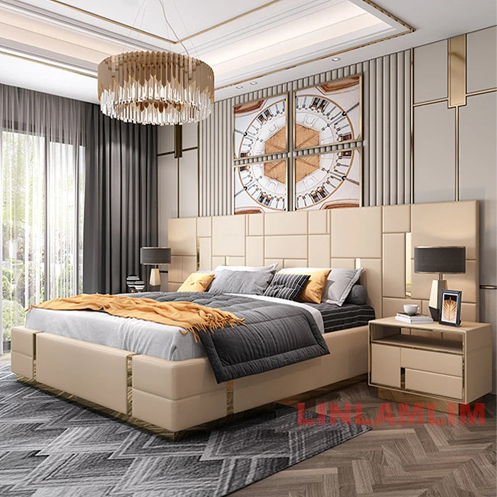 MANBAS Luxury Modern King Size Bed with Soft Upholstered Headboard and Storage Nightstands - Genuine Leather Bedroom Furniture