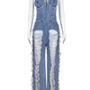 Sibybo Tassel Hollow Out  Overalls For Women Studded Diamond Strapless Backless Jeans Street Fashion Trend Jumpsuite Femme