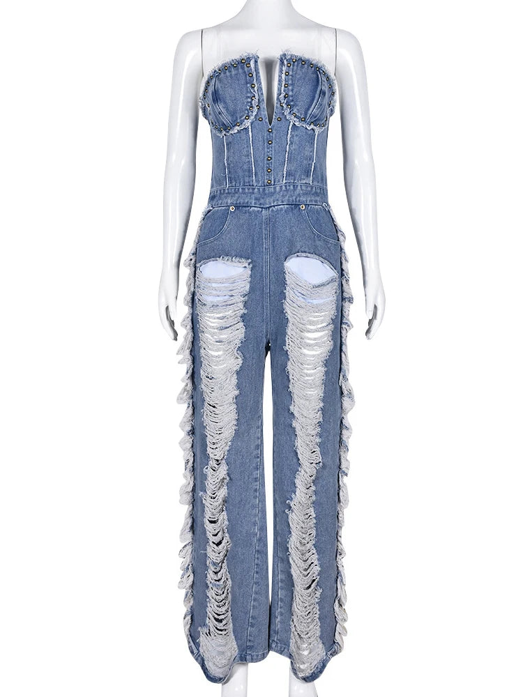 Sibybo Tassel Hollow Out  Overalls For Women Studded Diamond Strapless Backless Jeans Street Fashion Trend Jumpsuite Femme