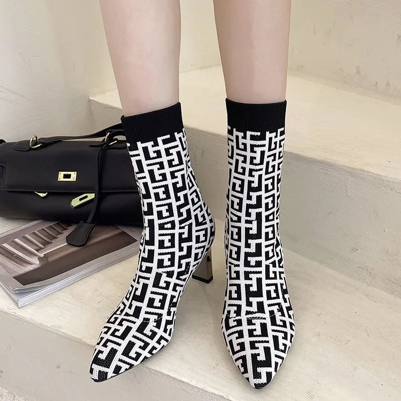 2022 New Winter Women's Shoes Knitted Mid-calf Socks Boots Pointed Toe Stiletto Elastic Designer Women's Boots 35-40