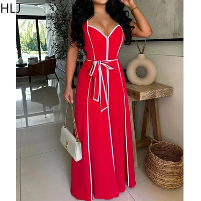 HLJ Elegant Stripe Patchwork Jumpsuits Women Halter Sleeveless Bow Belted Wide Legs Rompers Female Night Clubwear Overalls New