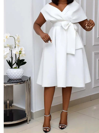 Dress Women Mid Length Dresses A Line Vestidos Slim Fit V Neck Short Sleeve Tight Waist Elegant Splice Lace Up Bow Summer