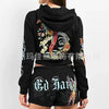 Sifreyr Street Printed Fashionable Casual Versatile Shorts Set Hooided Long Sleeved Zipper Cardigan Jacket High Waist Suit