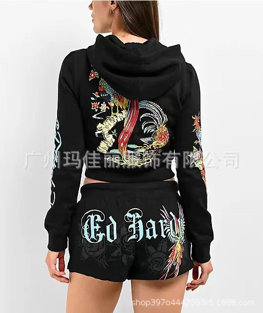 Sifreyr Street Printed Fashionable Casual Versatile Shorts Set Hooided Long Sleeved Zipper Cardigan Jacket High Waist Suit