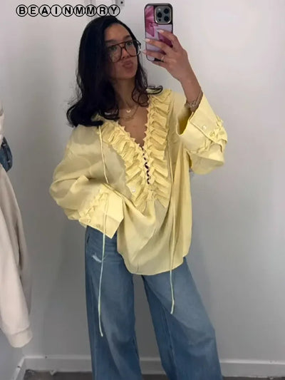 Solid Ruffles Full Sleeve Chiffon Shirt Women Casual Loose V Neck Long Sleeves Street Blouses 2025 Spring Summer Holiday Tops