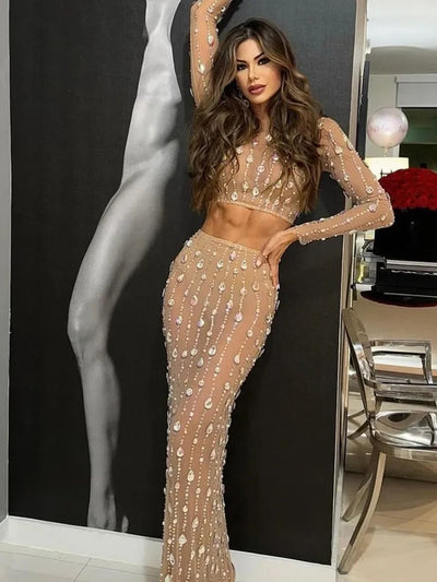 Festival Outfit Women High End Fashion Nude Color Rhinestone Mesh Long Sleeve O Neck Crop Top and Long Skirts Gala Two Piece Set