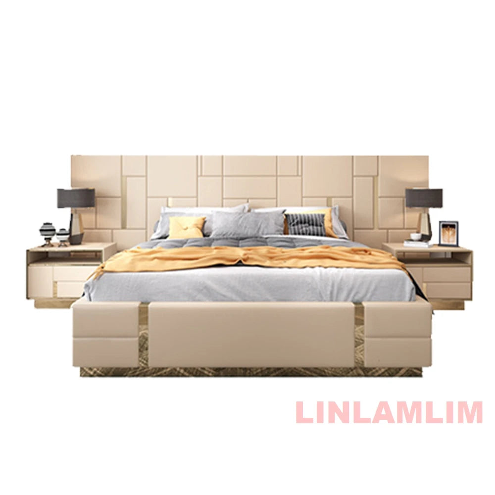 MANBAS Luxury Modern King Size Bed with Soft Upholstered Headboard and Storage Nightstands - Genuine Leather Bedroom Furniture