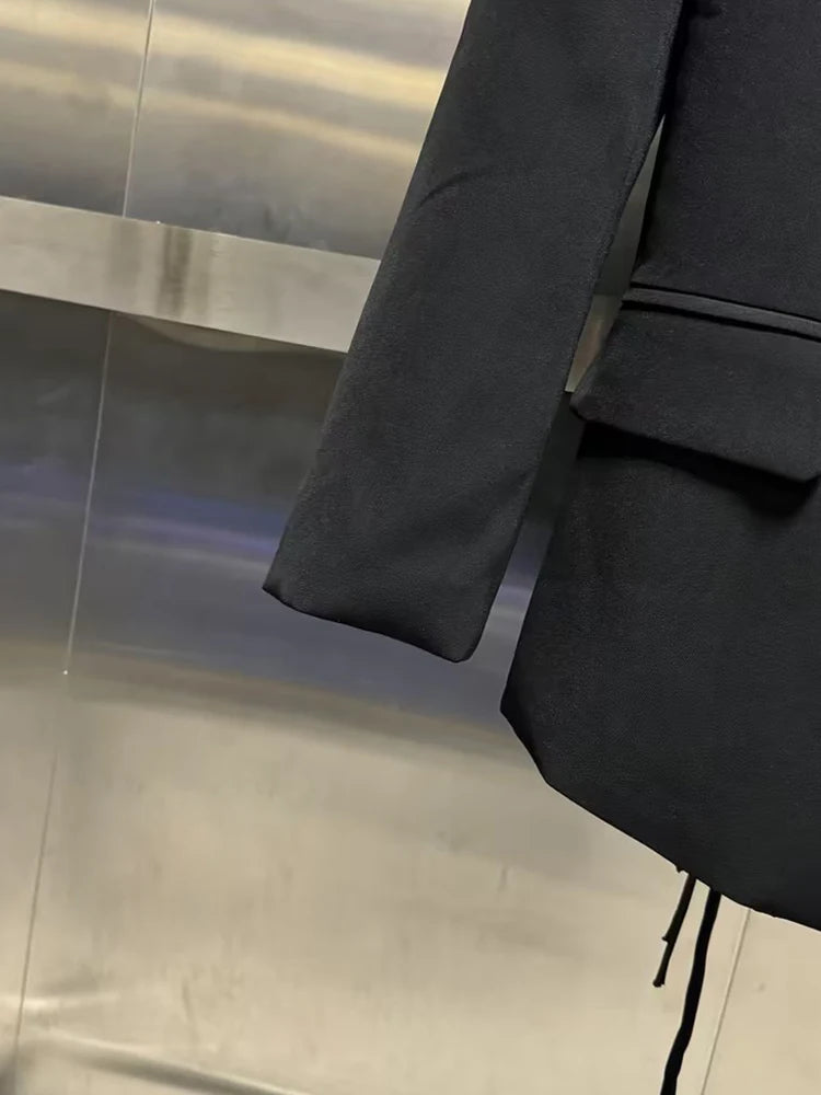 VGH Minimalist Patchwork Drawstring Solid Blazers For Women Notched Collar Long Sleeve Backless Hollow Out Blazer Female Style