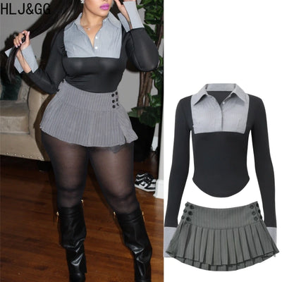 HLJ&GG Fashion Stripe Patchwork Two Piece Sets For Women Preppy Style Polo-neck Button Slim Shirts + Pleated Mini Skirts Outfits