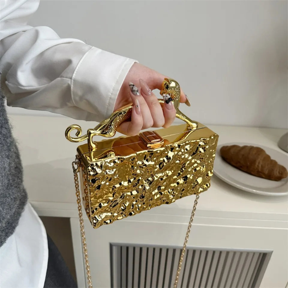 Leopard handle Luxury Gold Silver Party Evening Bag For Women Chain Clutch Handbags And Purses Mini Crossbody Shoulder Phone Bag
